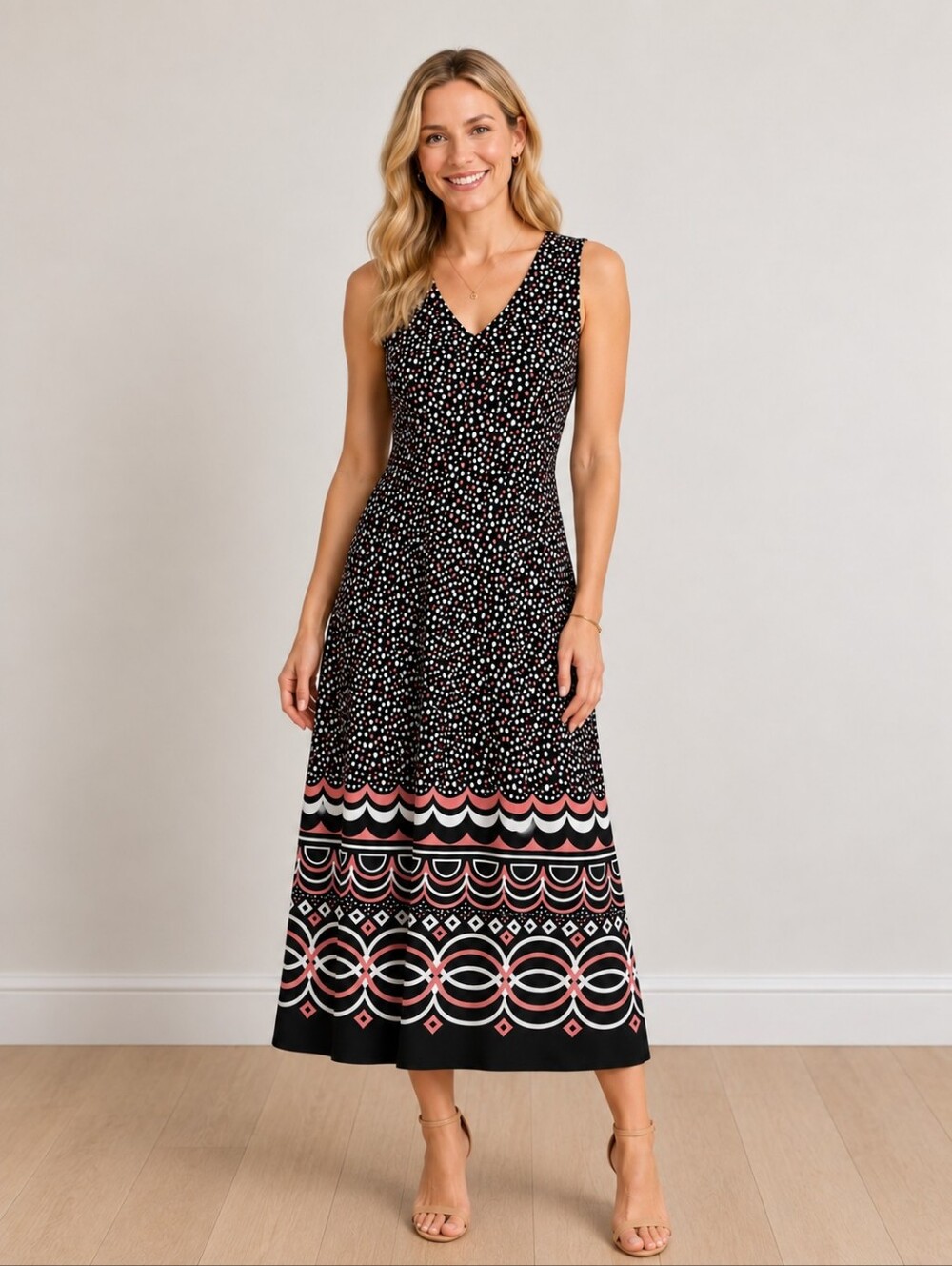Danny & Nicole Black Pink Dot Geometric Border Sleeveless Midi Dress, Size 6P